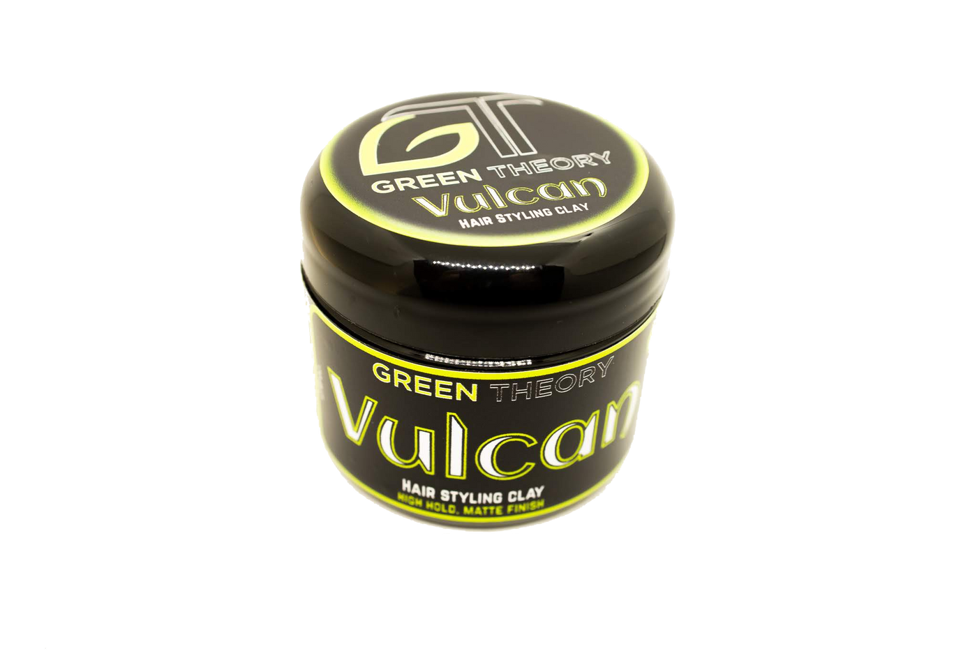 image of Green Theory Vulcan natural hair styling clay jar. Angle is slanted so that both the top of the jar label and side label are visible. Jar is shiny black with a screw off style lid. 
