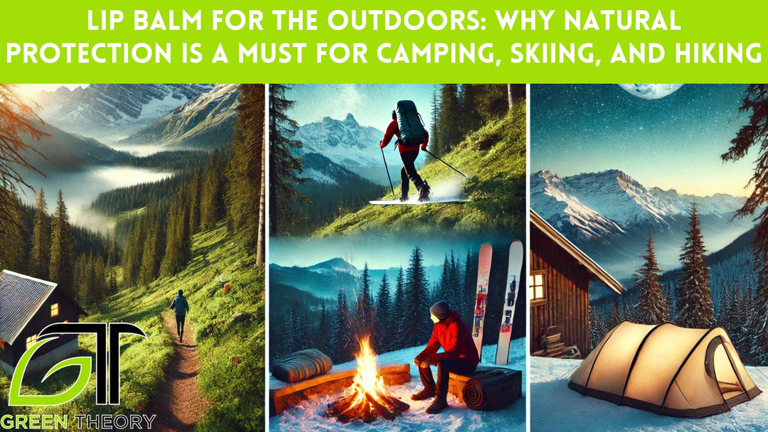 Blog post banner with title atop the image with lime green block. Imagery depicts outdoor scenese such as hiking backpacking, skiing and camping that would be approrpiate for lip balm