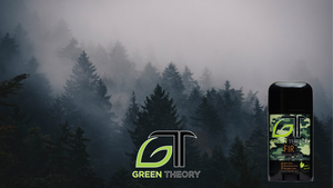 foggy fir trees with "blend in, naturally" caption above green theory natural logo with image of fir deodorant
