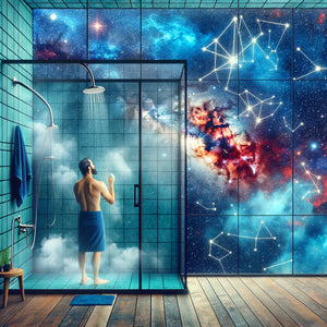 Image of a man in the shower using green theory all natural soap standing in a glass hower looking out at a space scene with constellations