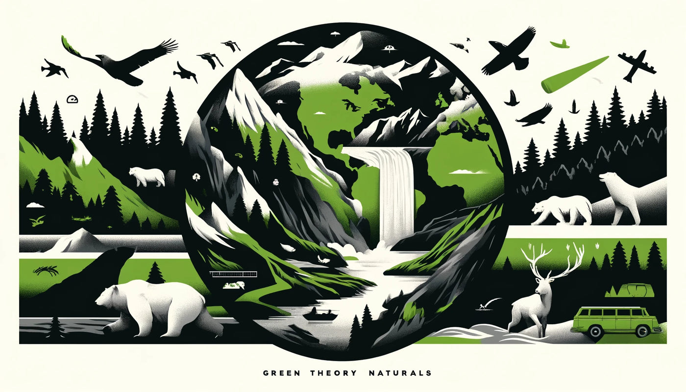 A dynamic and bold 16:9 image designed for an Earth Day sale, featuring a vivid color palette of black, lime green, white, and grey. The scene includes a depiction of the Earth with rugged mountains, cascading waterfalls, flowing rivers, and various wildlife such as bears, deer, elk, and birds, tailored to appeal to a male audience and evoke a connection with nature