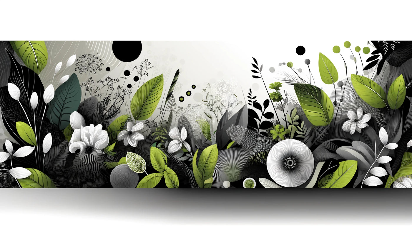  banner featuring a harmonious blend of natural elements. The scene includes various plants and flowers intricately interwoven with abstract patterns, rendered in a limited color palette of black, lime green, grey, and white. This elegant design emphasizes tranquility and sophistication, with a focus on visual aesthetics. Text reads "mothers day sale. 15% off all womens deodorants"