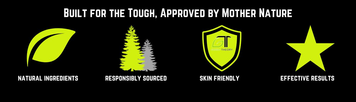 icon based graphic depicting the benefits of green theory products. a leaf for natural ingredients, trees for responsibly sourced, a shield for skin friendly and a star for effective results.