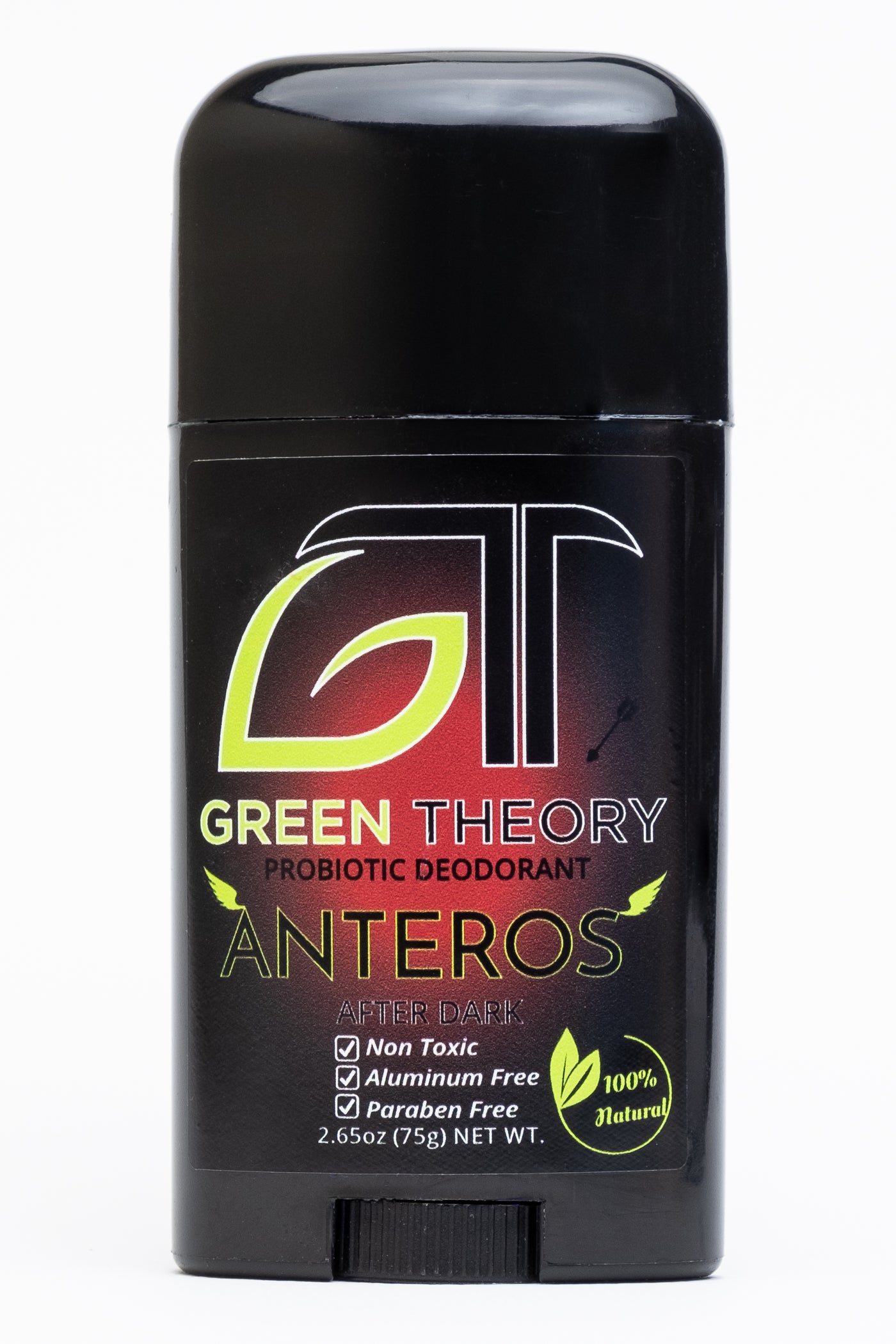 photo of the front of green theory anteros probiotic deodorant for men. Product is in a shiny black plastic container. The front label has a background of a red orb with a large GT logo. The G is shaped like a leaf. Under the logo is the brand name and Anteros with wings coming off the A and S