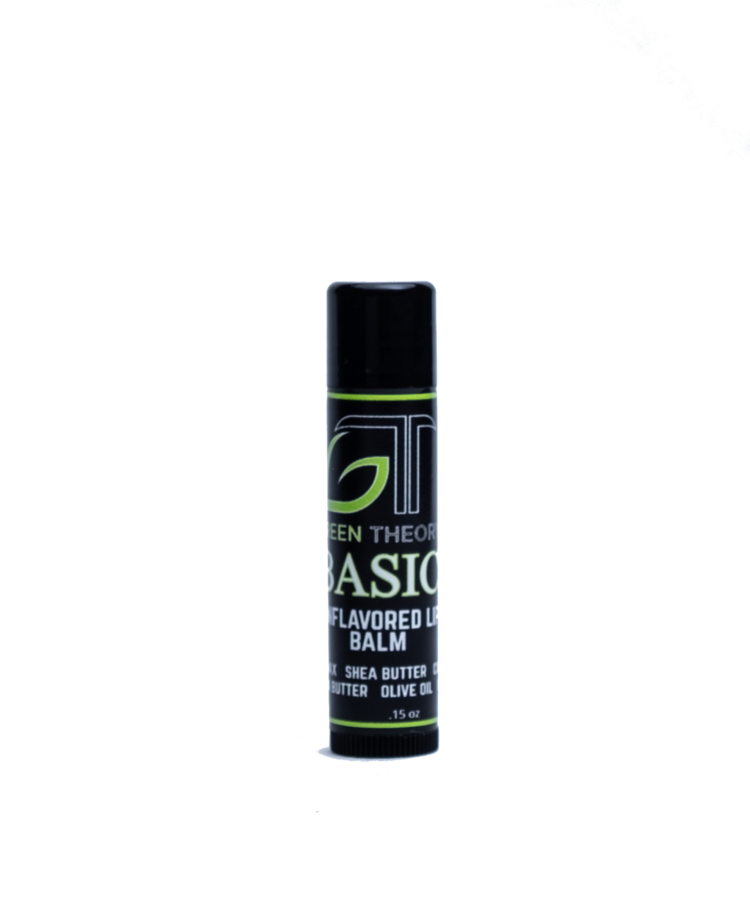 Photo of the front of green theory all natural basic lip balm. Product is in sleek blacl plastic container with a label wrapped around the stick. Product is standing on the dial against a white background. Under the green theory logo is the name Basic with "unflavored lip balm and then the ingredients 