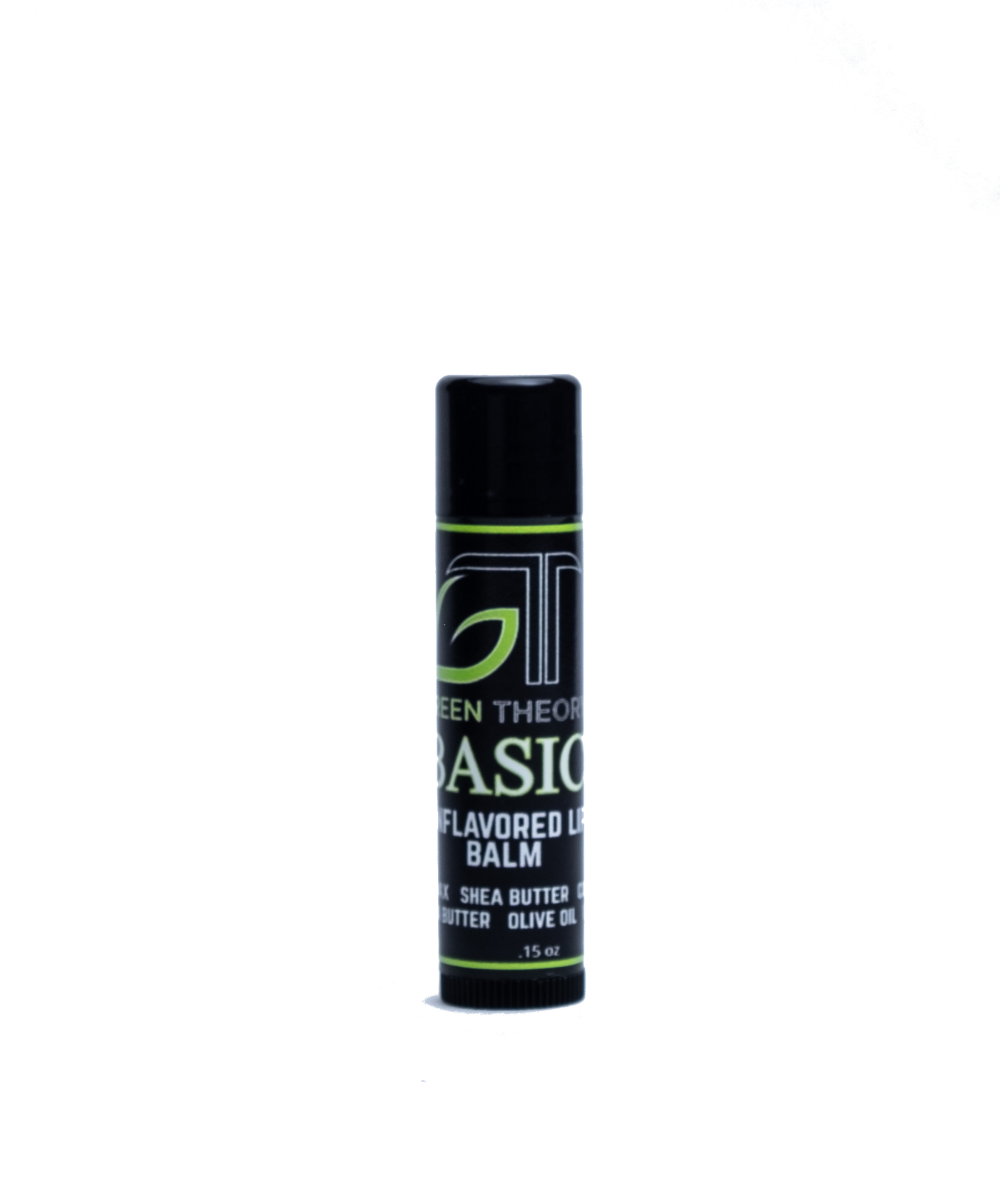 Photo of the front of green theory all natural basic lip balm. Product is in sleek blacl plastic container with a label wrapped around the stick. Product is standing on the dial against a white background. Under the green theory logo is the name Basic with "unflavored lip balm and then the ingredients 
