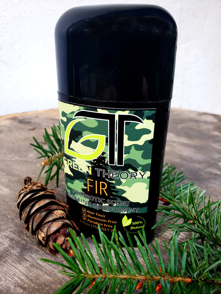 Fir probiotic scent masking deodorant front with fir cone and needles