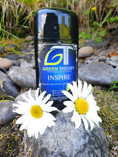 Photo of Green Theory Inspire probiotic aluminum free natural deodorant for women sitting on top of a rock with two daisy flowers positioned at the bottom of the stick
