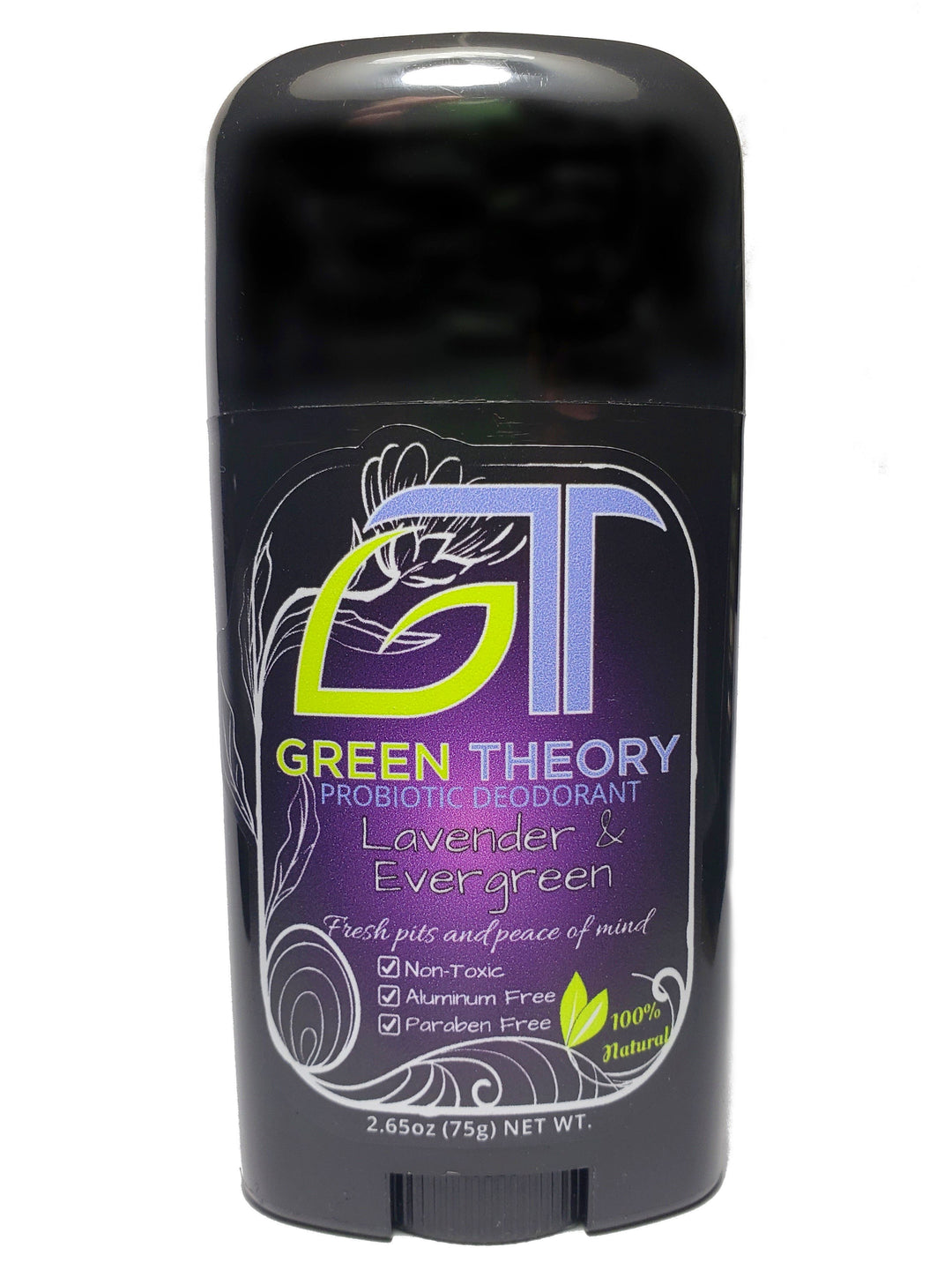 photo of the front of Green Theory lavender &amp; evergreen probiotic deodorant against a white background