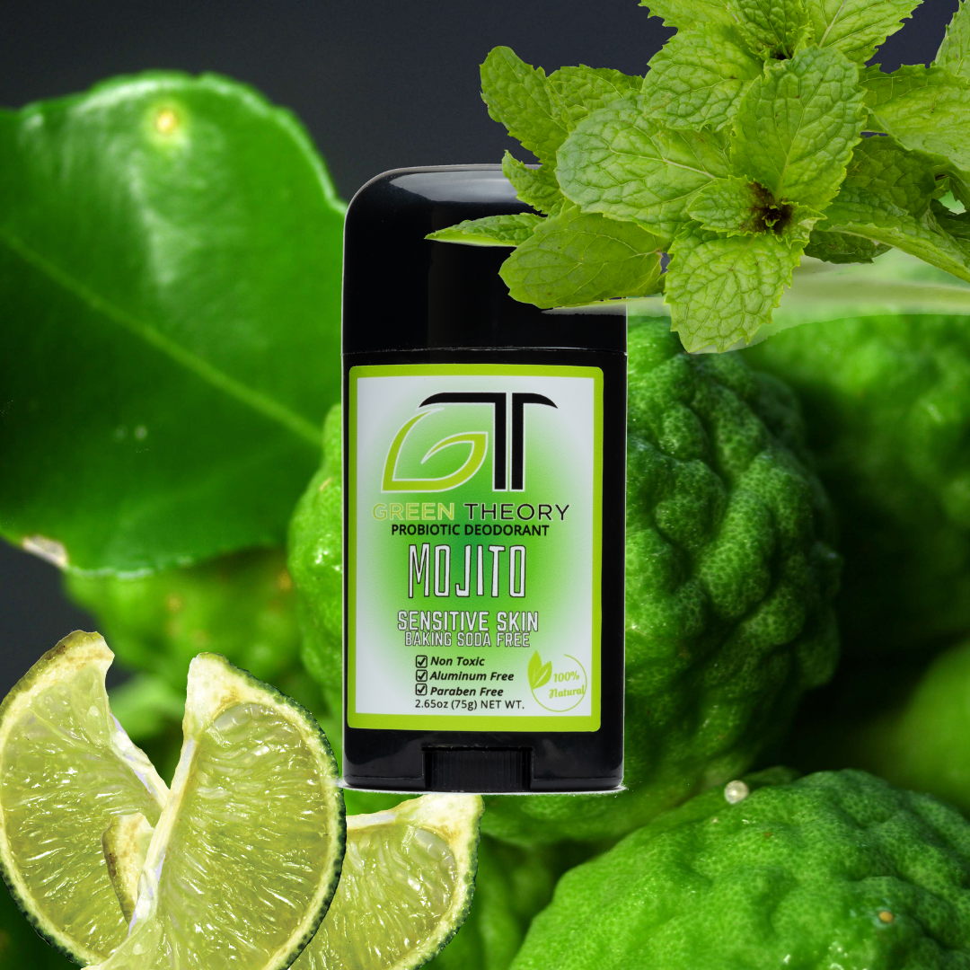 image of green theory mojito baking soda free sensitive skin deodorant superimposed over image of lime, beramot and mint to show scent