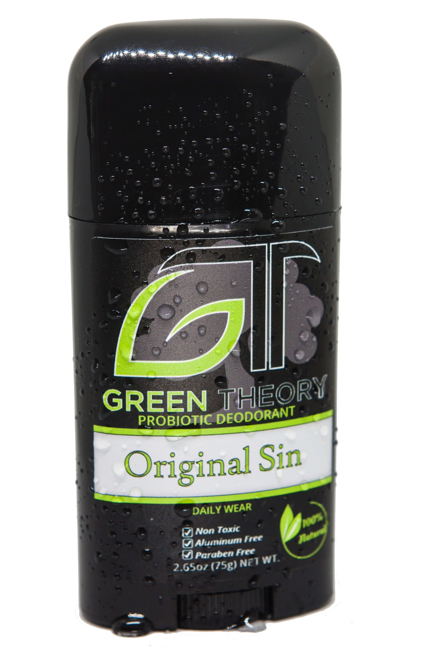 Original Sin probiotic natural deodorant mens standing upright with water beads on the container against a white background