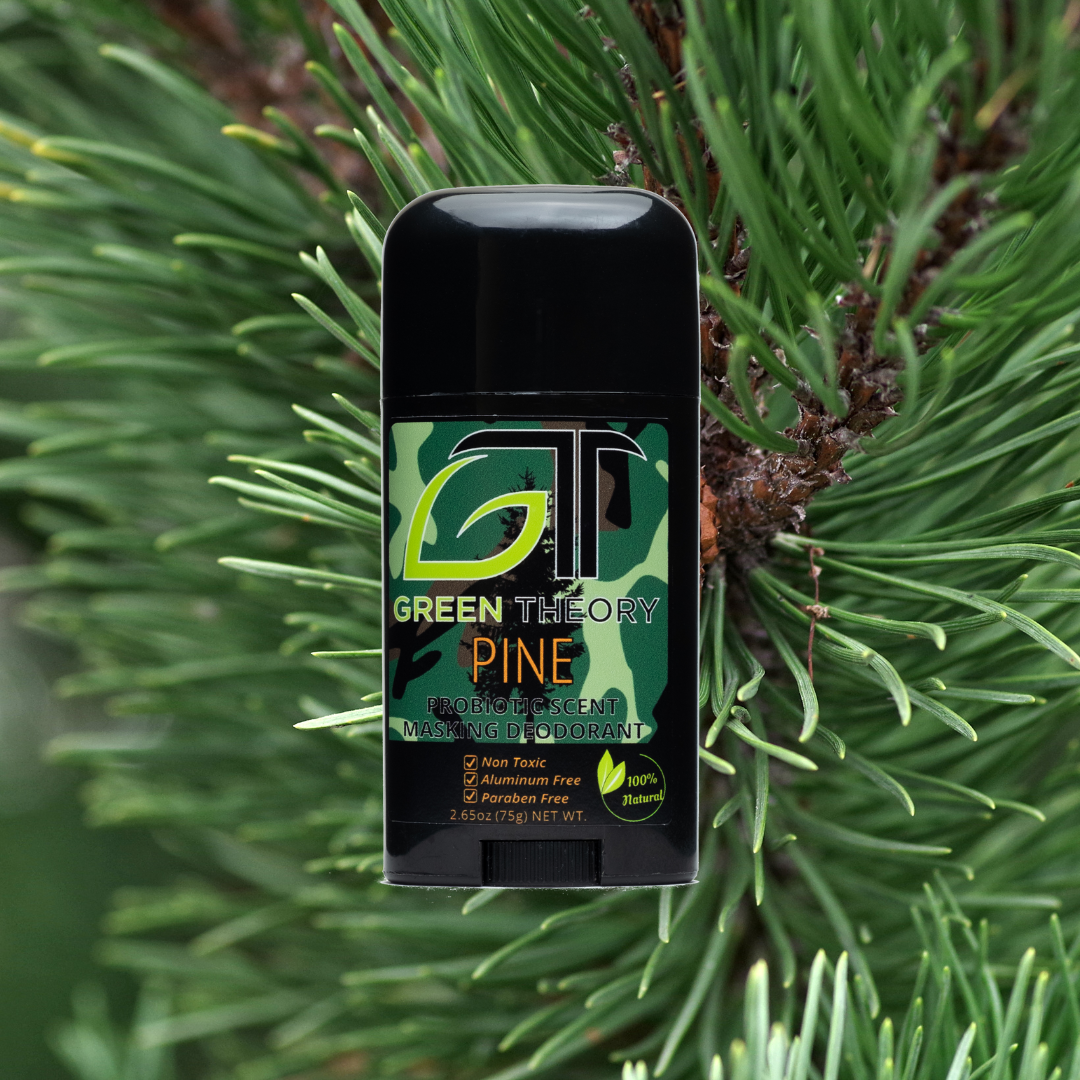 photo of green theory pine probiotic aluminum free hunting deodorant superimposed over photo of pine needles to depict scent