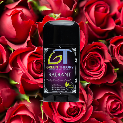 photo of green theory radiant probiotic deodorant for women superimposed over tightly packed roses to depict scent