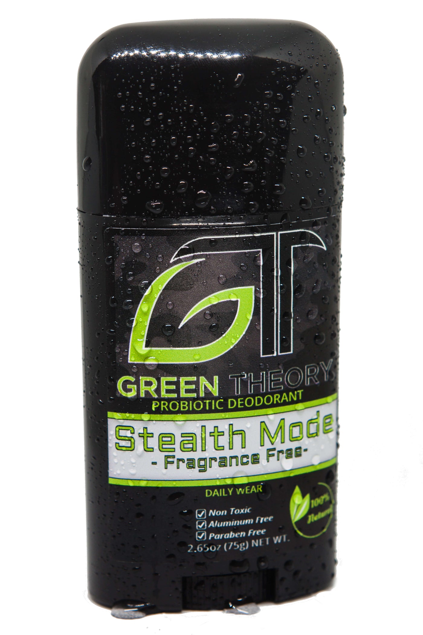 stealth mode fragrance free probiotic natural deodorant standing against a white background. Stick is covered in water droplets for effect.