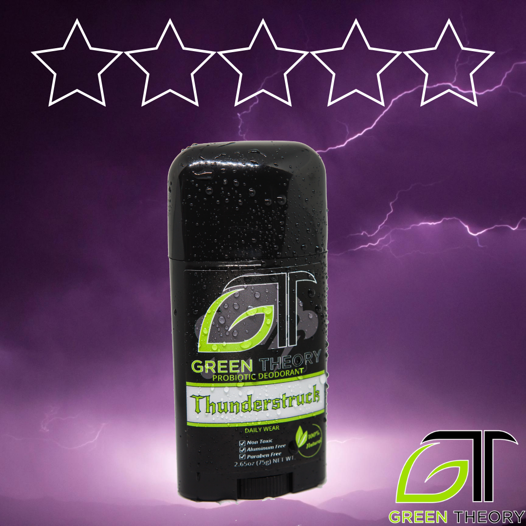 photo of Green Theory Thunderstruck probiotic aluminum free natural deodorant superimposed over an image of dark, ominous cloud with lightning bolts running through them with a five start rating