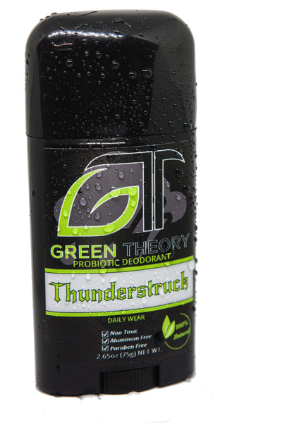 thunderstruck probiotic natural deodorantfor men against a white background with the stick being covered in water droplets