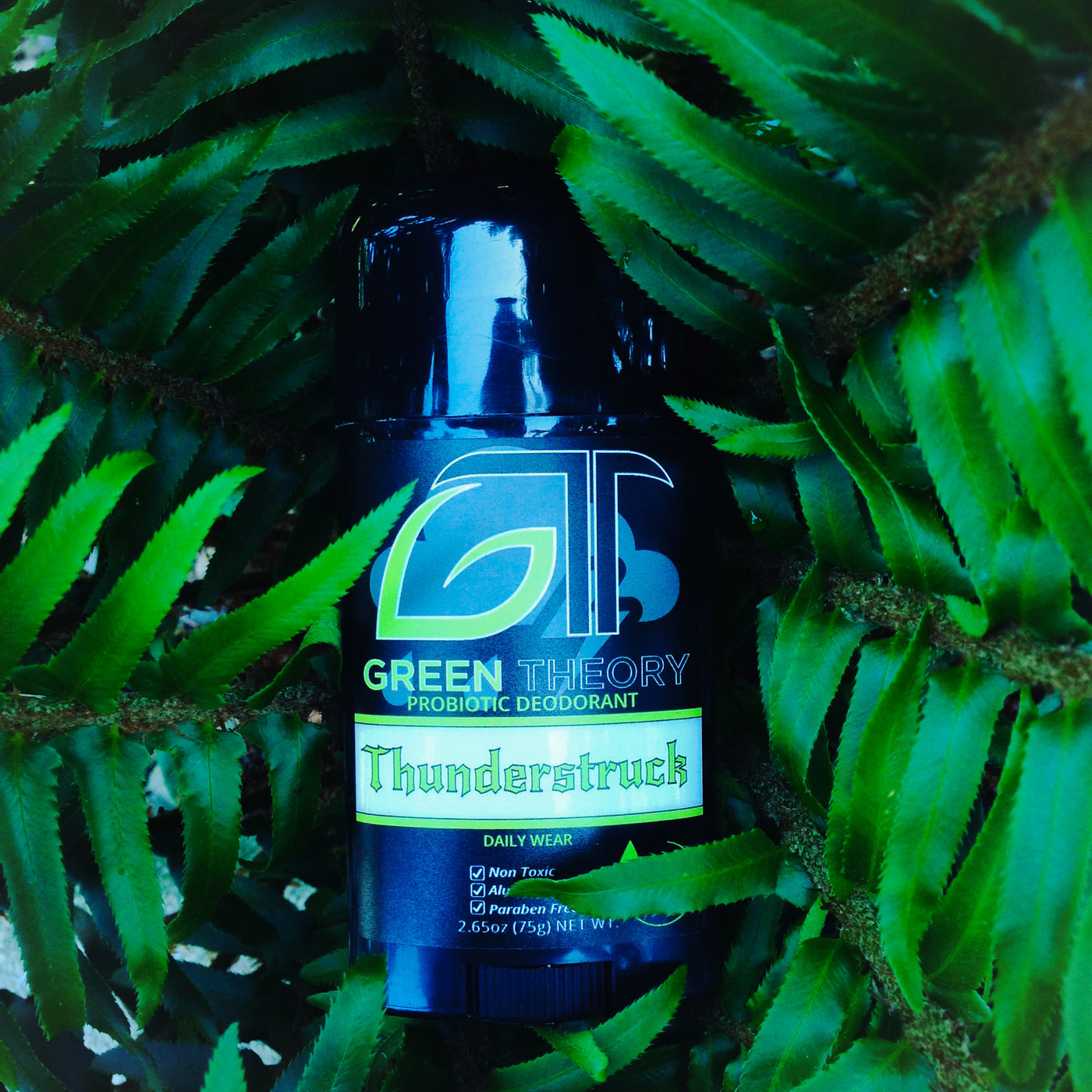 photo of Green Theory Thunderstruck aluminum free probiotic natural deodorant for men placed in the center of a fern plant