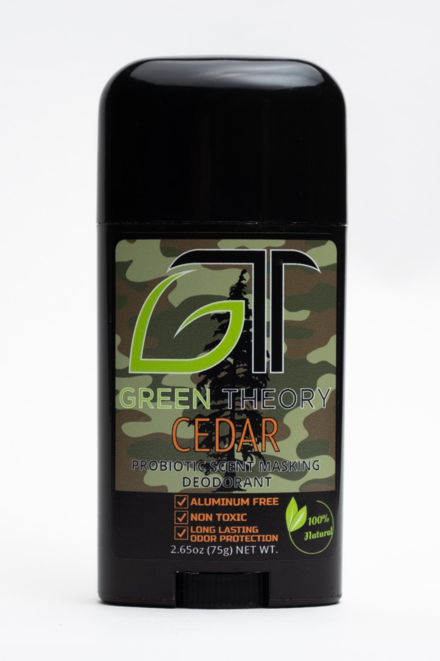 Photo of the front of a stick of green theory cedar probiotic aluminum free natural deodorant. Product is in a shiny black plastic container standing up against a white background. Front label feature large stylized GT logo with the "g" in the shape of a leaf. The background is a brown camouflage pattern and the word "cedar" is depeicted in orange font with aluminum free, non toxic and long lasting odor protection benefits listed below