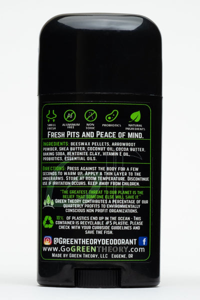 photo of the back of Green Theory Fir probiotic deodorant. From top to bottom, its divided into 4 sections. The top says fresh pits and peace of mind with five graphics of benefits. Under are the ingredients, directions for use, a reminder that the stick is recyclable and the green theory web page and social media pages