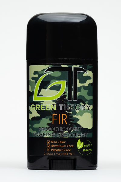 photo of the front label for Green Theory Fir probiotic aluminum free natural deodorant. Product is on a shiny black plastic container. The label is a green camouflage patterm with the Green Theory GT logo at the top. The G in the logo is shaped like a leaf. Under the logo is the "fir" written in an orange font with "non toxic" "aluminum free" and "paraben free" benefits listed below