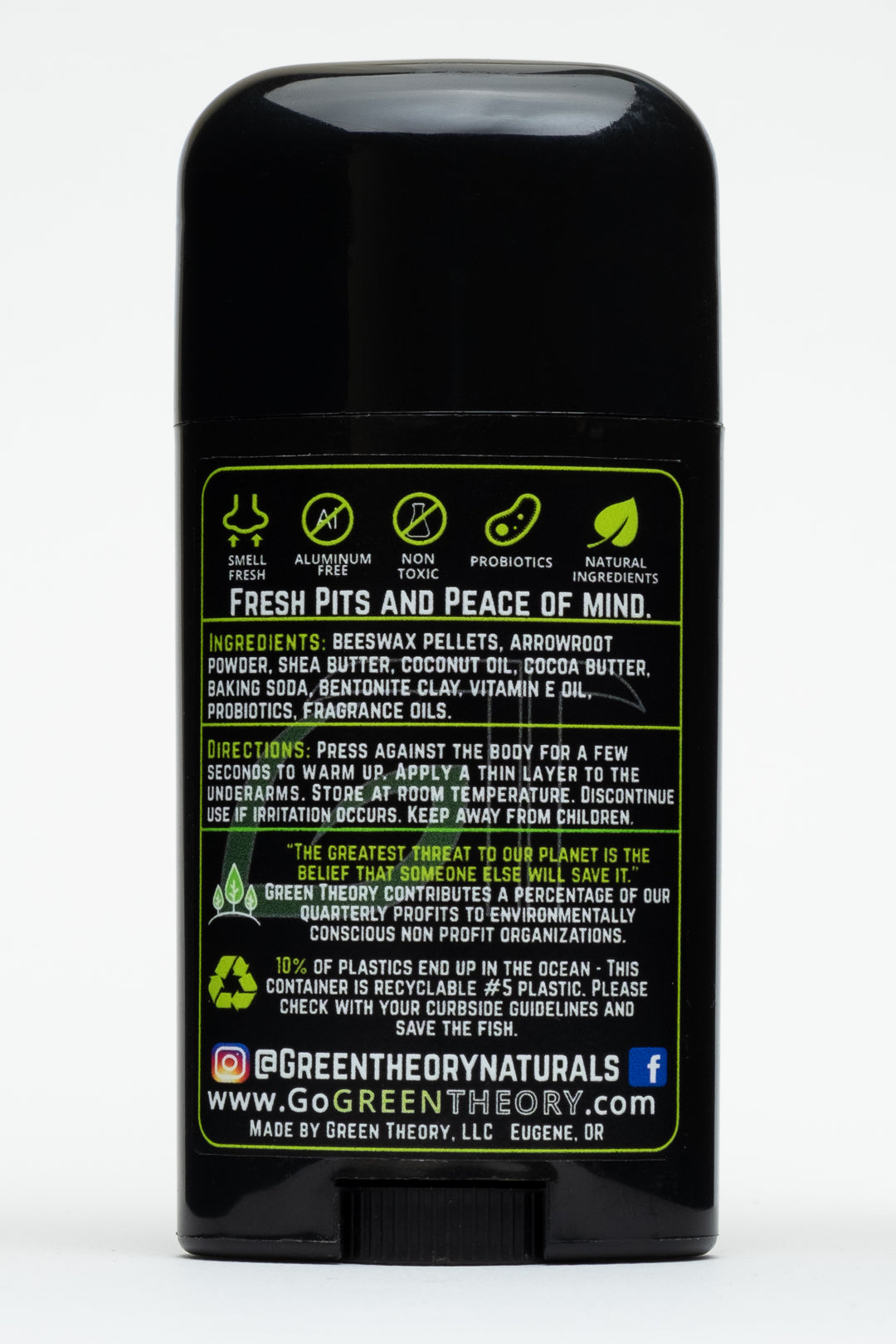 photo of the back of Green Theory Anteros probiotic deodorant for men. From top to bottom, its divided into 4 sections. The top says fresh pits and peace of mind with five graphics of benefits. Under are the ingredients, directions for use, a reminder that the stick is recyclable and the green theory web page and social media pages