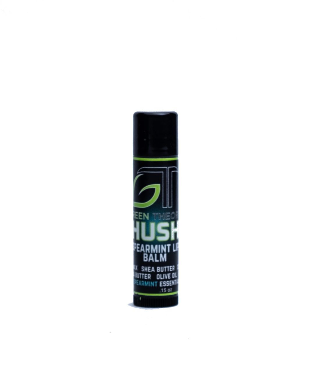 photo of green theory hush all natural lip balm against an all white background. Container is a sleek black plastic and is standing upright. Label features a large GT Green Theory logo with "hush" written over a teal orb. "Spearmint lip balm" is below "hush" and the list of ingedients is at the bottom
