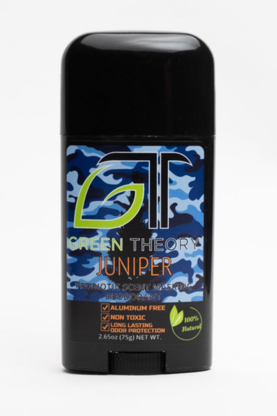 Photo of the front of Green Theory Juniper all natural probiotic aluminum free deodorant. Container is a sleek black plastic. The front label is a blue camouflage pattern with a large GT Green Theory logo in lime green and black. The G is shaped like a leaf. Under the logo is "Juniper" in blaze orange font and blew are "aluminum free", "non toxic" and "long lasting odor protection" listed as product benefits