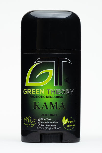Photo of Green Theory Kama probiotic aluminum free natural deodorant for men. Photo is the frontal view of Kama against a pure white background. Container is sleek black plastic. The label features a green orb with text and images superimposed over the orb. Logo is a large "GT" stylized image with the G being in the shape of a leaf. Kama is written below in black font outlined by a lime green color. "non toxic", "aluminum free" and "paraben free" are listed below as product benefits