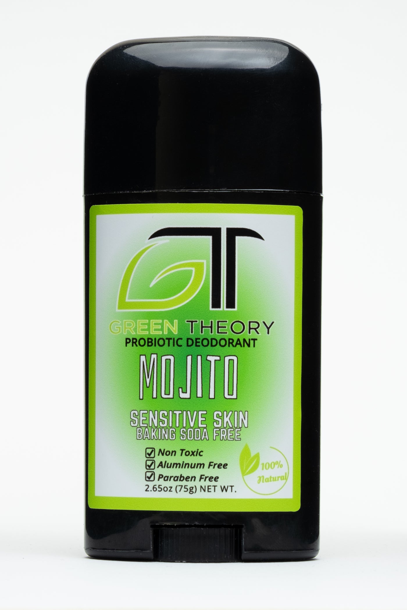 photo of front of green theory mojito baking soda free probiotic natural aluminum free deodorant. Stick is a sleek black plastic and is standing against a white background. The front label is white with a lime green orb and a lime green outline. At the top of the front label is a large GT Green Theory logo with the G in the shape of a leaf. Mojito is written in the middle of the label and the center of the orb. Below it says "sensitve skin" and "baking soda free"
