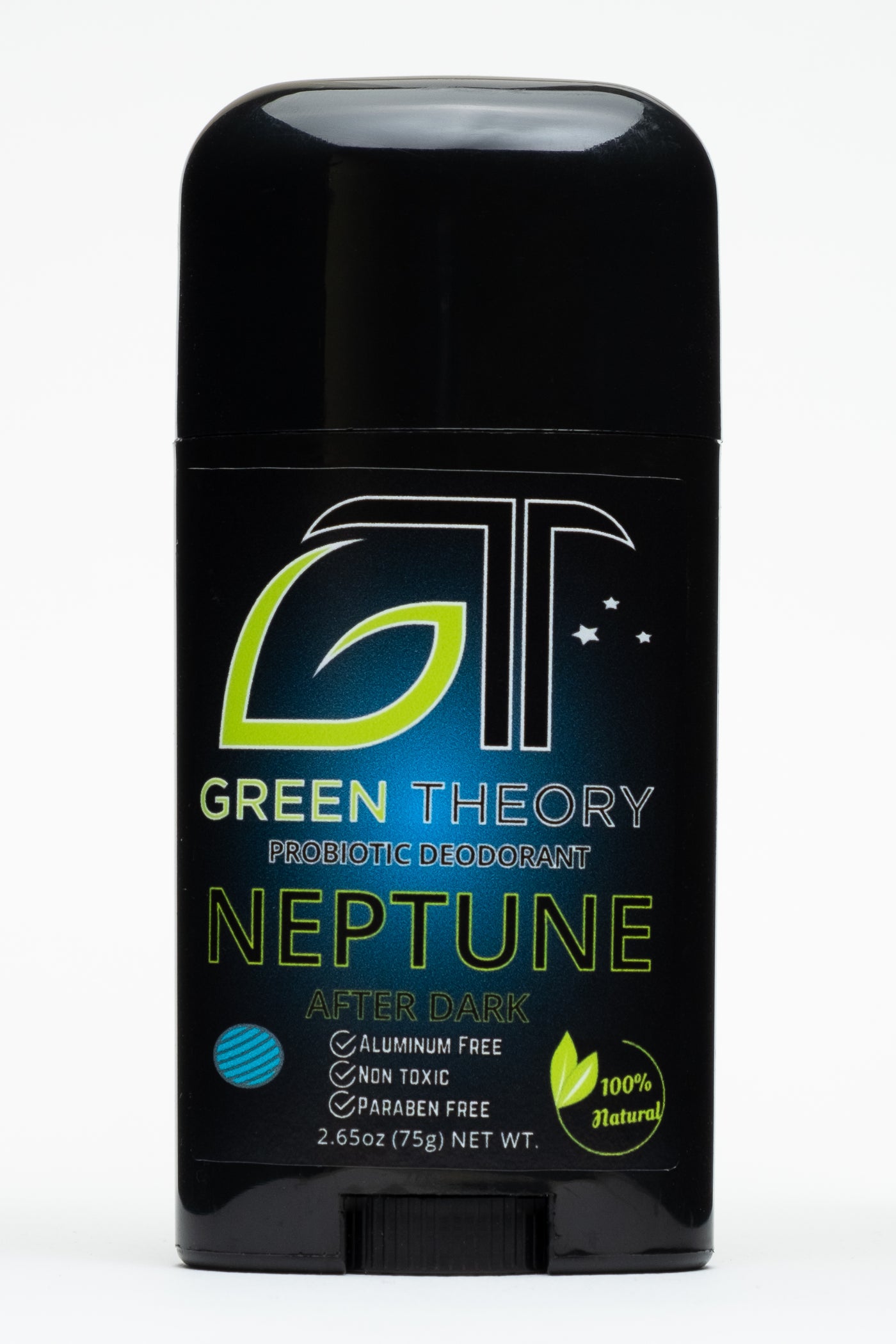 photo of the front label of Green Theory Neptune probiotic aluminum free deodorant. Stick is standing against a white background. Container is a sleek black plastic. Front label features a blue orb in the background. The GT logo is at the top of the label with the G being a stylized image in the shape of a leaf. The word "Neptune" is below the logo and then the benefits "aluminum free", "non toxic", and "paraben free" are listed below.