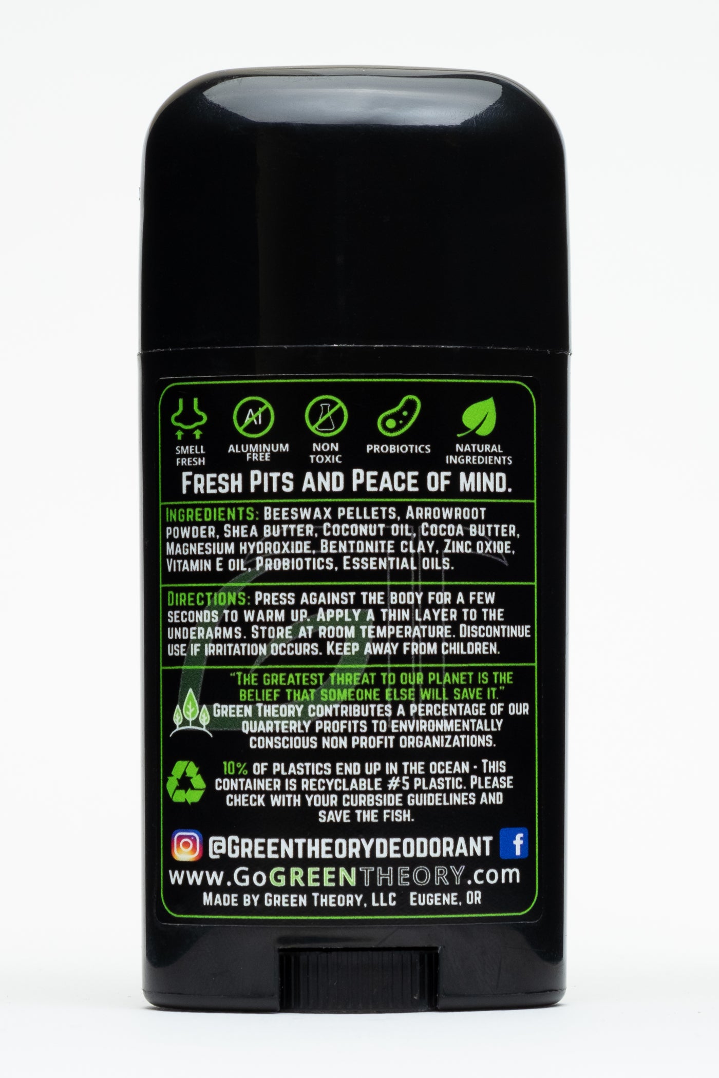 photo of the back of Green Theory Mojito baking soda free probiotic deodorant for men. From top to bottom, its divided into 4 sections. The top says fresh pits and peace of mind with five graphics of benefits. Under are the ingredients, directions for use, a reminder that the stick is recyclable and the green theory web page and social media pages