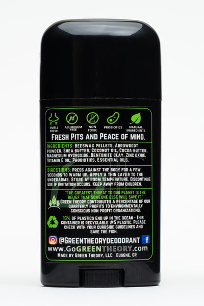 photo of the back of Green Theory Mojito baking soda free probiotic deodorant for men. From top to bottom, its divided into 4 sections. The top says fresh pits and peace of mind with five graphics of benefits. Under are the ingredients, directions for use, a reminder that the stick is recyclable and the green theory web page and social media pages