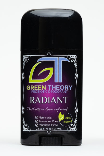 front photo of Green Theory Radiant probiotic aluminum free natural deodorant for women. Stick is a sleek black plastic and is standind aginst a white background. Front label is a deep rose colored orb with a stylized frame around the border. At the top of the label is a stylized GT logo with the G being in the shape of a leaf. Under is "Radiant" with "fresh pits and peace of mind" written below and "non toxic", "aluminum free" and "paraben free" listed as priduct benefits