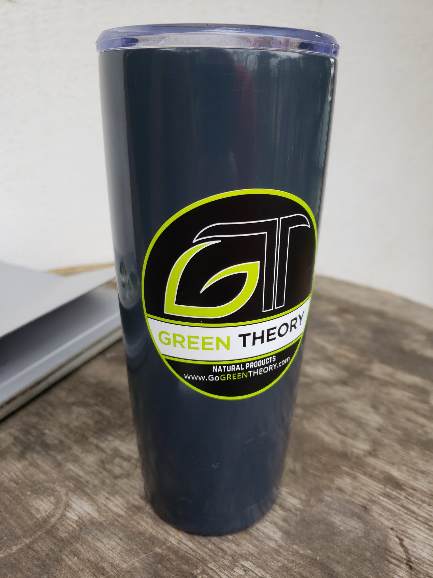 Green Theory black vinyl sticker on insulated mug
