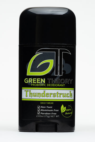 photo of the front of Green Theory Thunderstruck probiotic aluminum free natural deodorant for men. Stick is standing upright against a pure white background. The stick is a shiny black plastic. The front label features a grey thundercloud with lightning behind the GT Green Theory logo. "Thunderstruck" is written in an ACDC looking font. "non toxic", "aluminum free" and "paraben free" are listed as benefits at the bottom